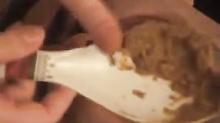 Hot blonde babe feeding her slave