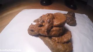 Masked brunette shitting on bedroom floor