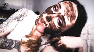 Beautiful brunette smears shit on her face