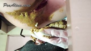 Petite brunette feeding her male slave