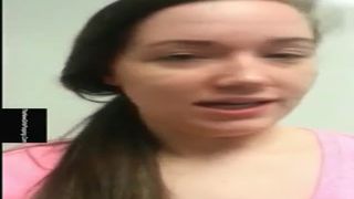 Brunette pooping in public bathroom