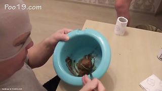 Forced slave to eat shit from a bowl