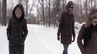 Three girls poop on a slave outdoor