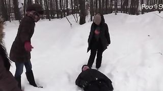 Three girls poop on a slave outdoor