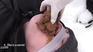 Three girls poop on a slave outdoor