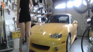 Beautiful blonde shits in the garage