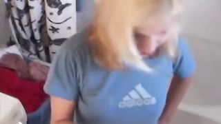 Blonde babe shits over toilet