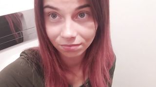 Pink haired babe shits in public bathroom