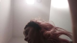 Pink haired babe shits in public bathroom