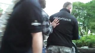 drunk woman pisses in public on a chair