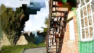 pissing girl goes up the stairs and lets it rain