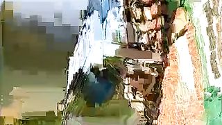 pissing girl goes up the stairs and lets it rain