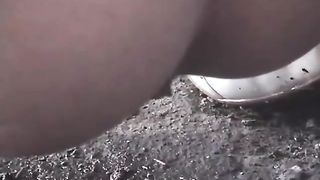 Chick shitting on the railroad