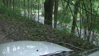 girl taking a shit on the hood of a car