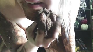 Chubby babe smears poop and eats it