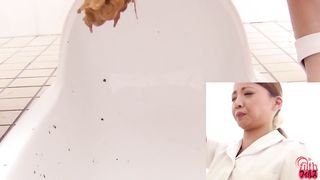 Japanese nurse using public bathroom