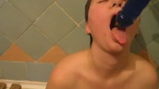 Sucking a dirty dildo