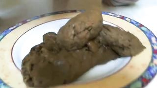 Panties aside to poop on white plate