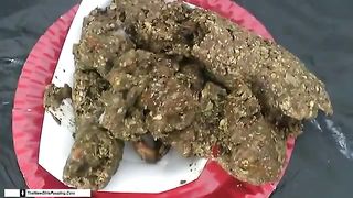 Hairy latina shits on white plate