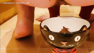 Hairy babe shitting in a glass bowl