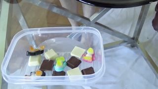 Curvy brunette shits on a plate