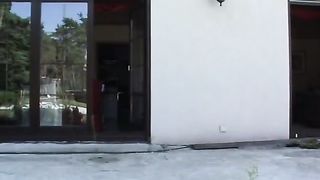 Dark haired babe feeds slave