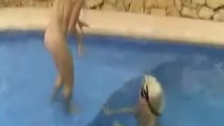 Two blonde girls shit in a pool