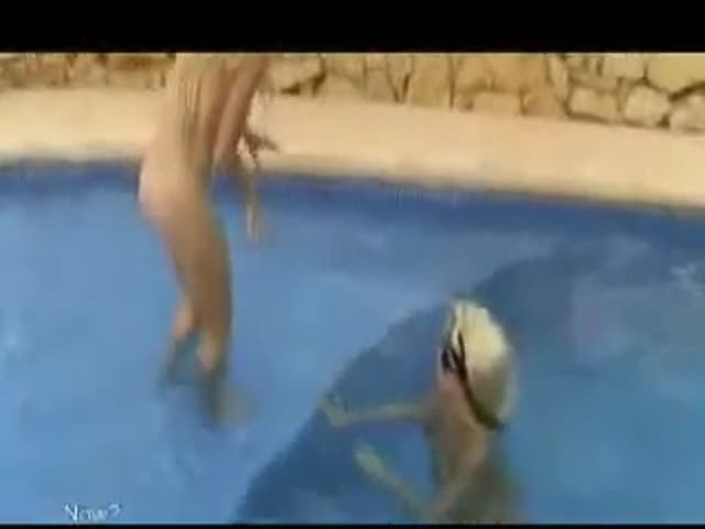 Two blonde girls shit in a pool
