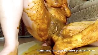 Russian babe masturbates with brown shit