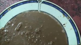 Mature lady shit a big load of diarrhea and piss on glass