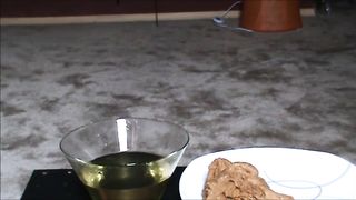 Fat hairy woman piss on a glass and shit on a plate