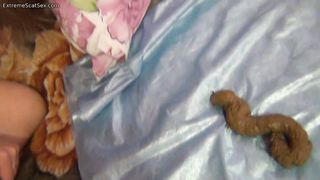 Hairy babe shits on the couch