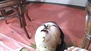 Dark haired japanese smears poop