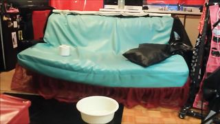 Redhead teen shitting in white bucket