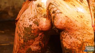 Girl masturbates and squirts covered in cow shit