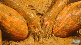 Girl masturbates and squirts covered in cow shit