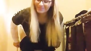 Nerdy blonde babe shitting