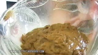 Hairy milf shits in champagne glass