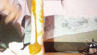 Latina shits on a big dildo