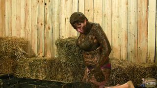 Chubby brunette slut playing with messy dung
