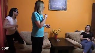 Four hot girls take turns shitting in the slave's mouth