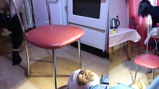 Four hot girls take turns shitting in the slave's mouth