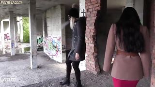 Lovely hot chick pooping on her slave in outdoors