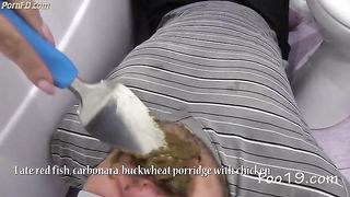 Skinny girl pooping for her mature slave