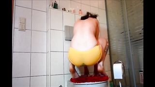 Hot blonde girl panty poop in toilet
