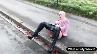 Big boobs blonde babe pooping outdoor