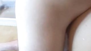 Shaved pussy lady pooping and taking stiff cock