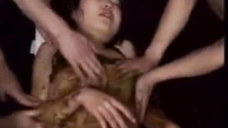 Cute skinny Asian chick pissed and poop covered in orgy