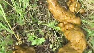 Sexy hot babe pooping in the grass