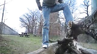 European babe pooping in the woods